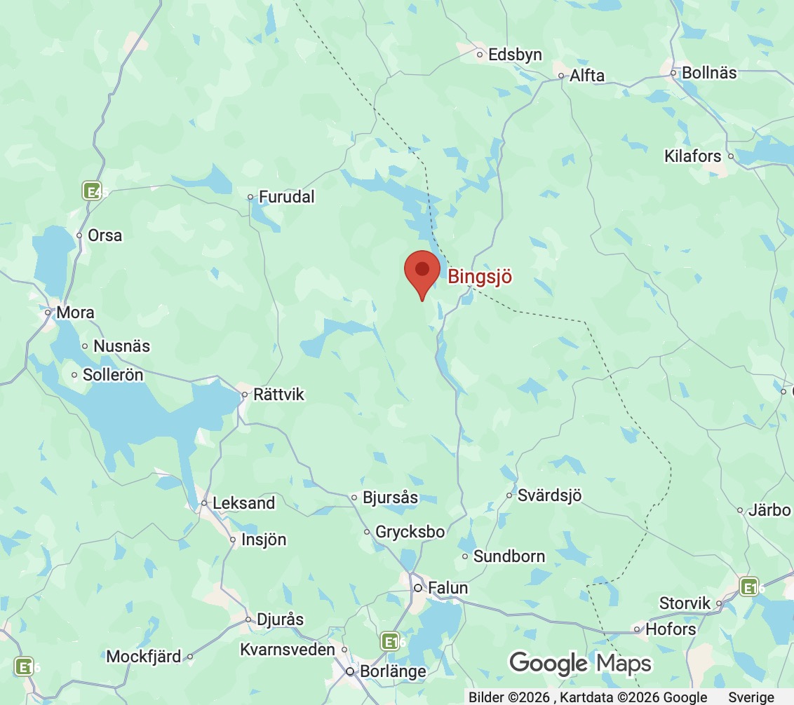 Karta som visar var Bingsjö ligger i förhållande till Rättvik och Falun
